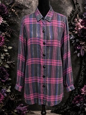 Vintage Casey & Max Shimmer Plaid Button Up Tunic Rayon Blend Blouse Sz M